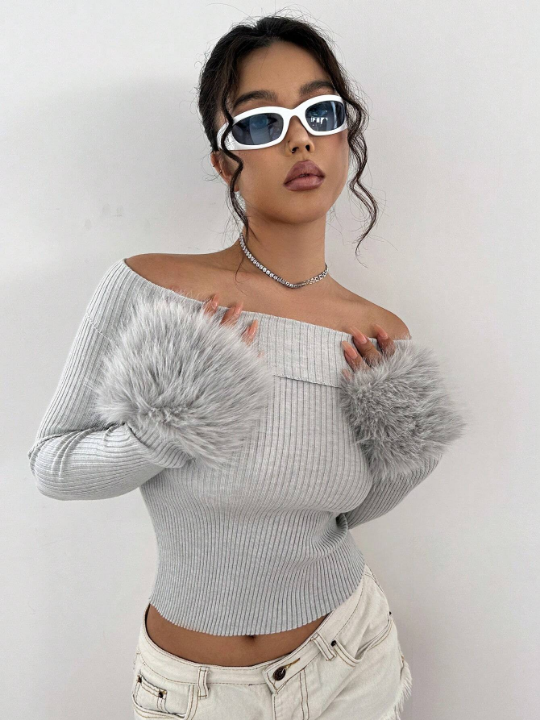 ICON Off Shoulder Fuzzy Cuff Crop Sweater