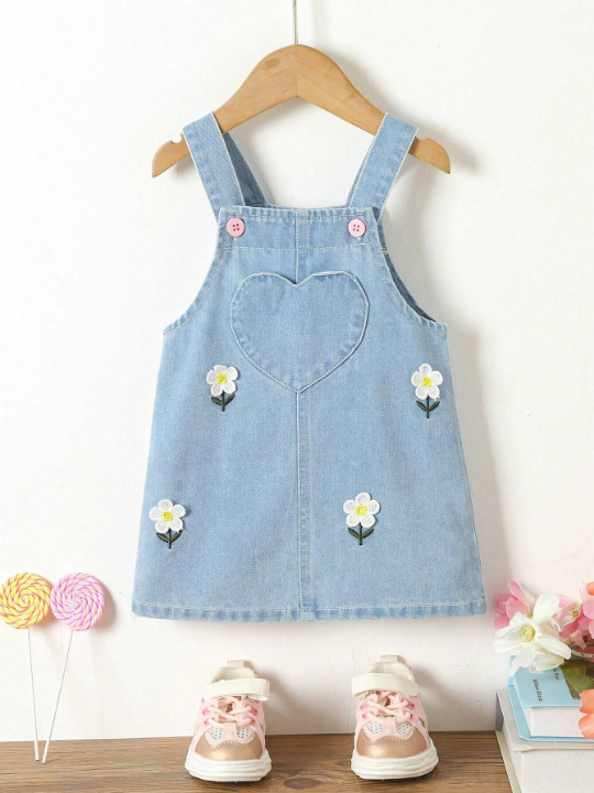 Baby Girl Floral Embroidery Heart Patched Pocket Overall Denim Dress