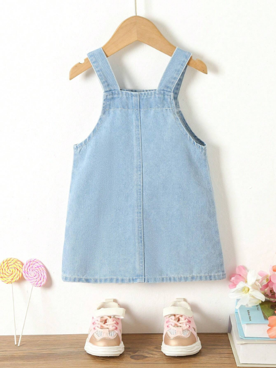 Baby Girl Floral Embroidery Heart Patched Pocket Overall Denim Dress