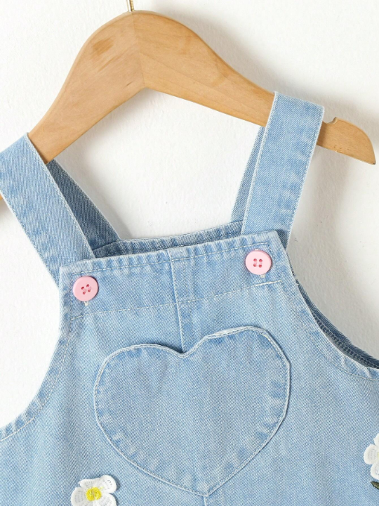 Baby Girl Floral Embroidery Heart Patched Pocket Overall Denim Dress