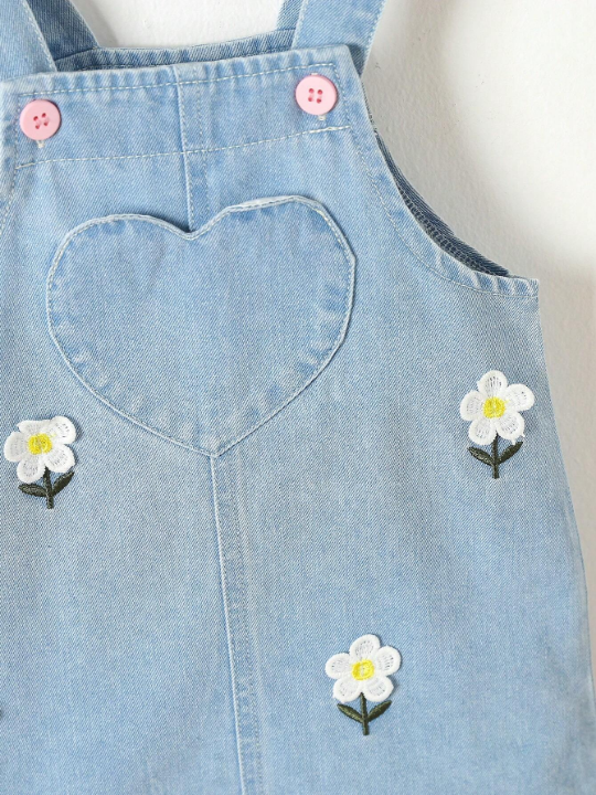 Baby Girl Floral Embroidery Heart Patched Pocket Overall Denim Dress