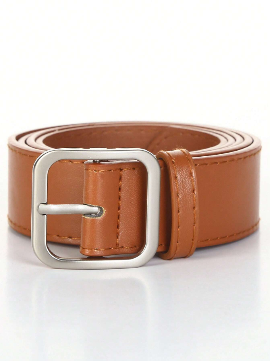1pc Men's Fashionable Ins Style Brown Square Buckle Belt, Suitable For Students