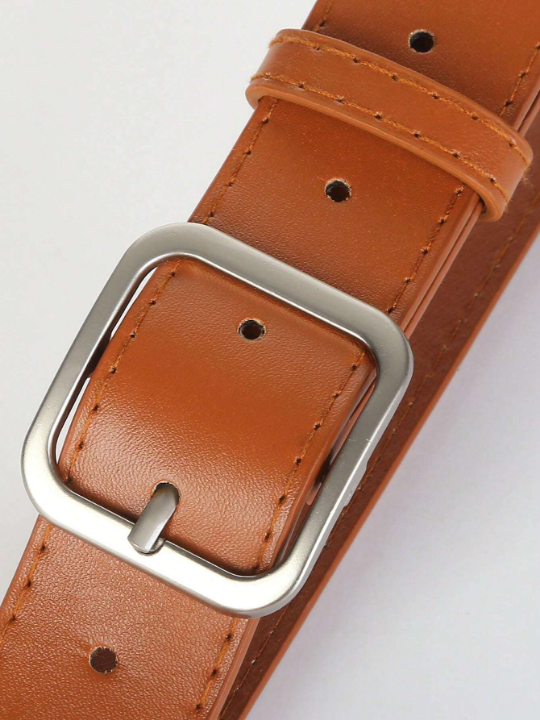 1pc Men's Fashionable Ins Style Brown Square Buckle Belt, Suitable For Students