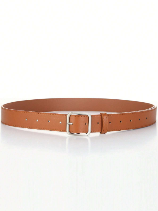 1pc Men's Fashionable Ins Style Brown Square Buckle Belt, Suitable For Students