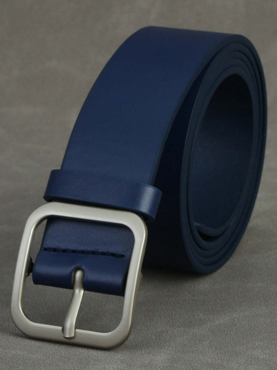 1pc Men's Trendy Ins Style Dark Blue Square Buckle Belt, Student Belt