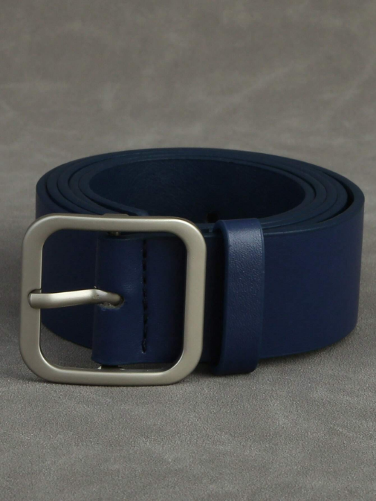 1pc Men's Trendy Ins Style Dark Blue Square Buckle Belt, Student Belt