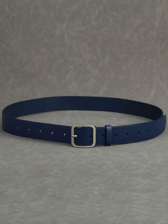 1pc Men's Trendy Ins Style Dark Blue Square Buckle Belt, Student Belt