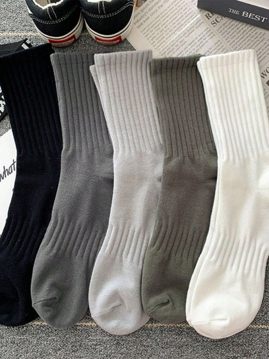 5pairs Autumn/winter Mid Calf Socks Black/white Anti-odor Sweat-absorbent Breathable Sporty Socks