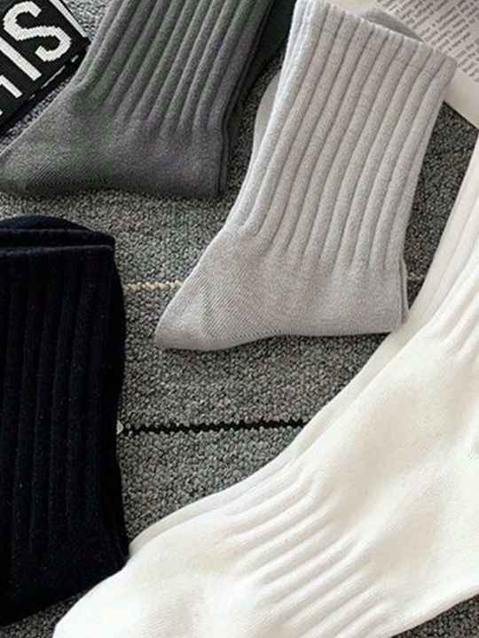 5pairs Autumn/winter Mid Calf Socks Black/white Anti-odor Sweat-absorbent Breathable Sporty Socks