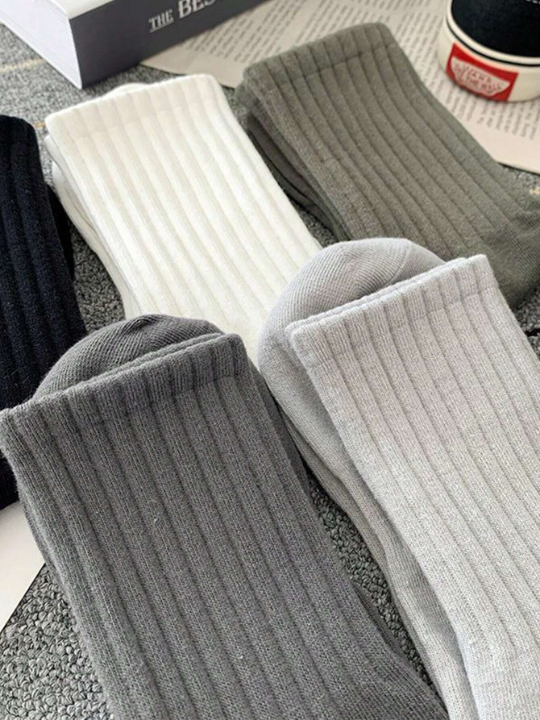 5pairs Autumn/winter Mid Calf Socks Black/white Anti-odor Sweat-absorbent Breathable Sporty Socks