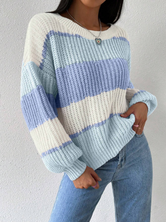 Essnce Colorblock Rib-knit Drop Shoulder Sweater