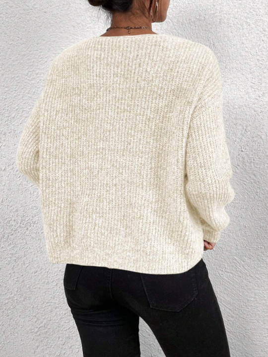 Frenchy V Neck Drop Shoulder Ribbed Knit Sweater