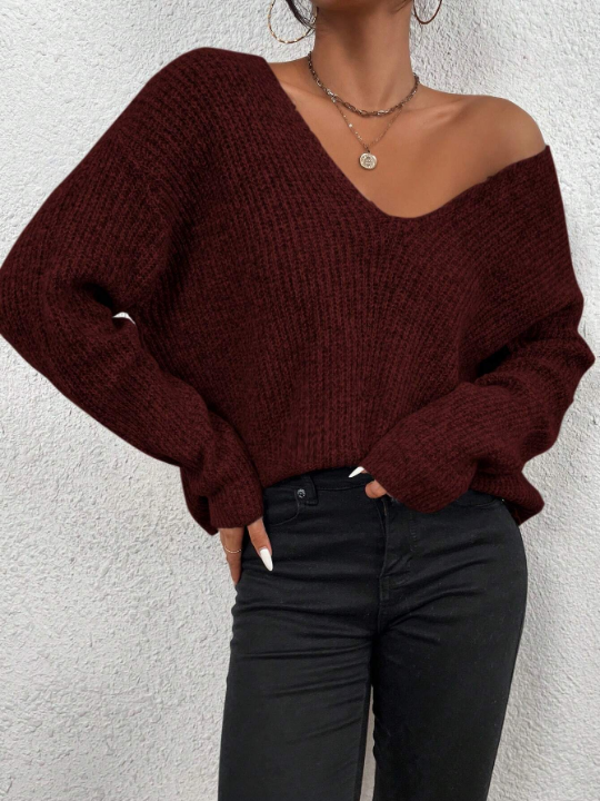 Frenchy V Neck Drop Shoulder Ribbed Knit Sweater