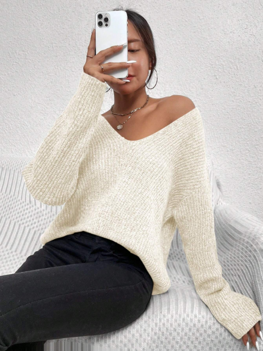 Frenchy V Neck Drop Shoulder Ribbed Knit Sweater