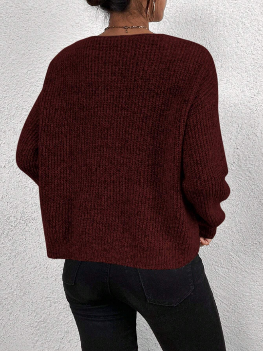 Frenchy V Neck Drop Shoulder Ribbed Knit Sweater