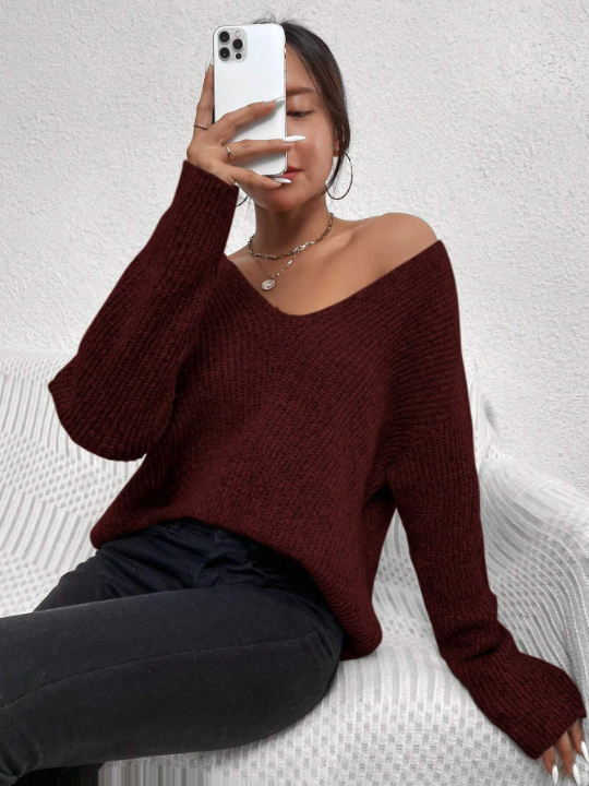 Frenchy V Neck Drop Shoulder Ribbed Knit Sweater