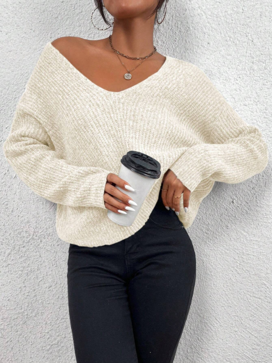 Frenchy V Neck Drop Shoulder Ribbed Knit Sweater