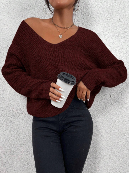 Frenchy V Neck Drop Shoulder Ribbed Knit Sweater