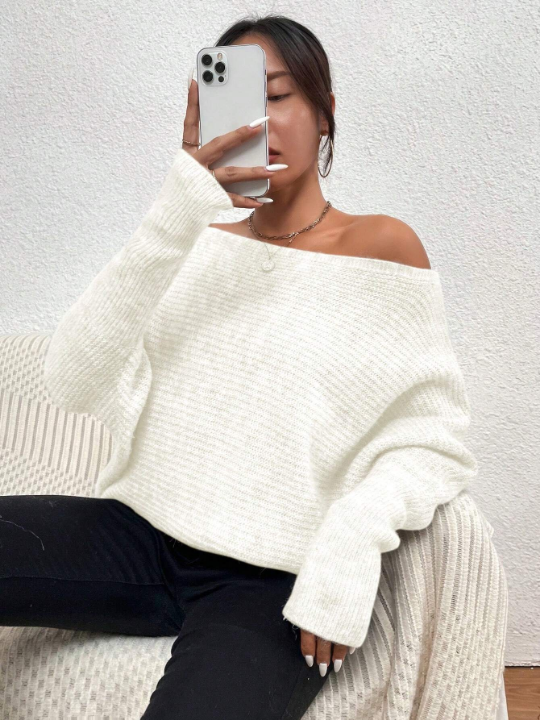 Priv Off Shoulder Batwing Sleeve Ribbed Knit Sweater