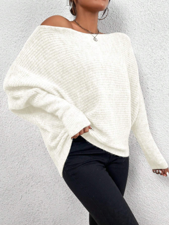 Priv Off Shoulder Batwing Sleeve Ribbed Knit Sweater