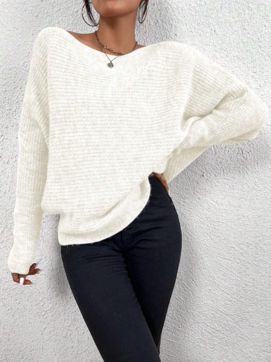 Priv Off Shoulder Batwing Sleeve Ribbed Knit Sweater