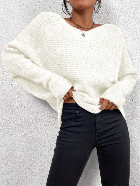 Priv Off Shoulder Batwing Sleeve Ribbed Knit Sweater