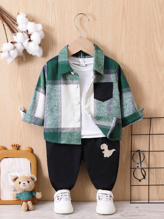 Baby Boy Plaid Patched Pocket Shirt & Pants Without Tee