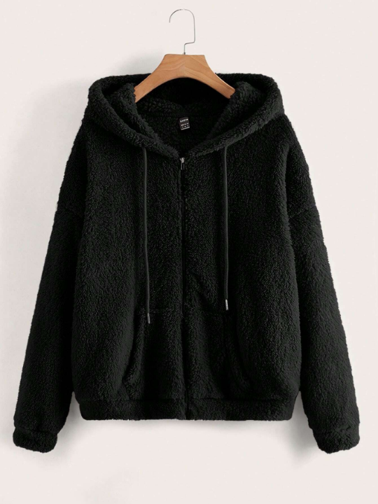 LUNE Drop Shoulder Drawstring Hooded Teddy Jacket