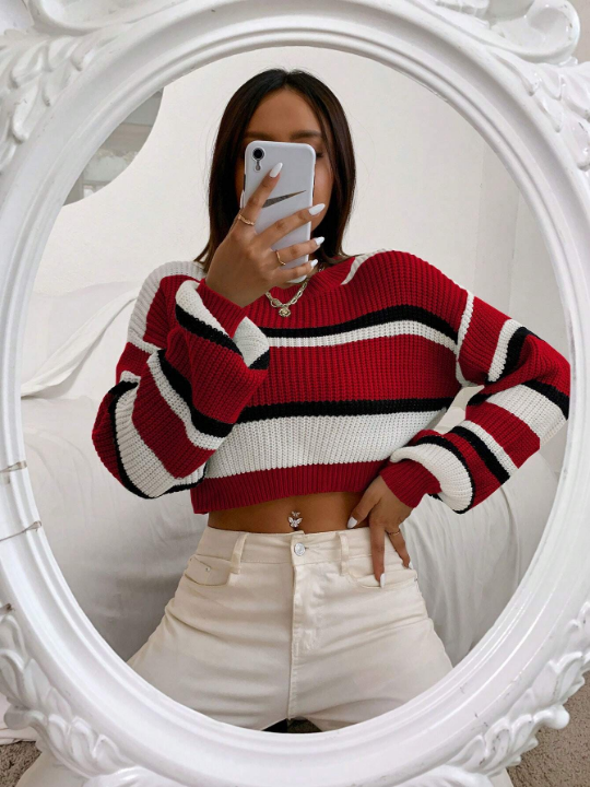 Striped Pattern Drop Shoulder Crop Sweater