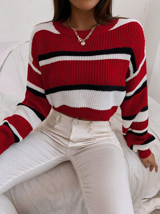 Striped Pattern Drop Shoulder Crop Sweater