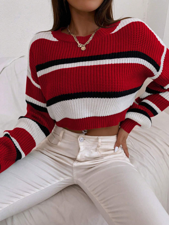 Striped Pattern Drop Shoulder Crop Sweater