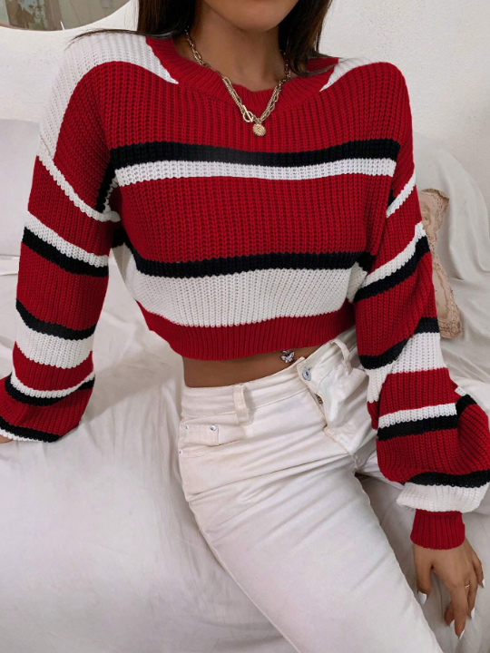 Striped Pattern Drop Shoulder Crop Sweater