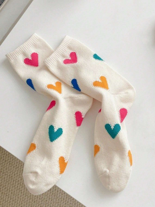 1pair Fashionable Heart Patterned Women's Mid-Calf Socks