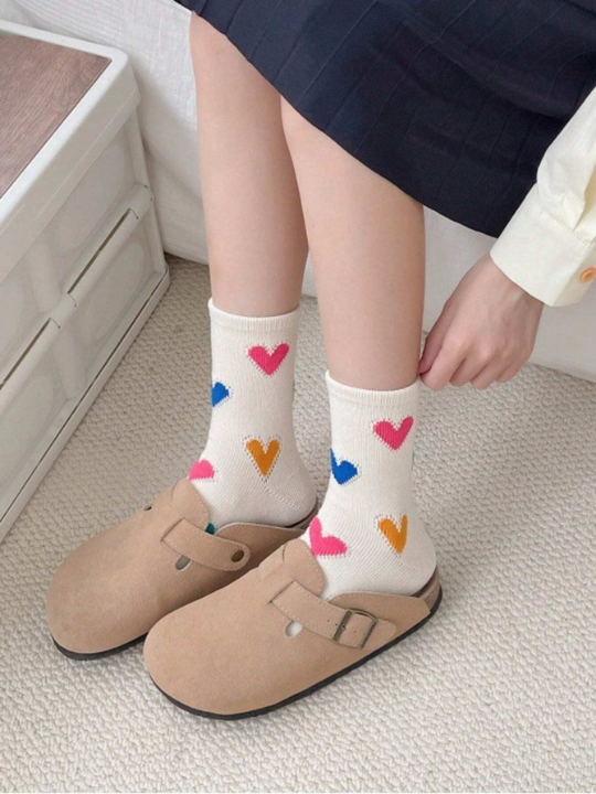 1pair Fashionable Heart Patterned Women's Mid-Calf Socks