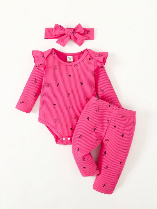 Newborn Baby Girl Plants Print Ruffle Trim Bodysuit & Pants