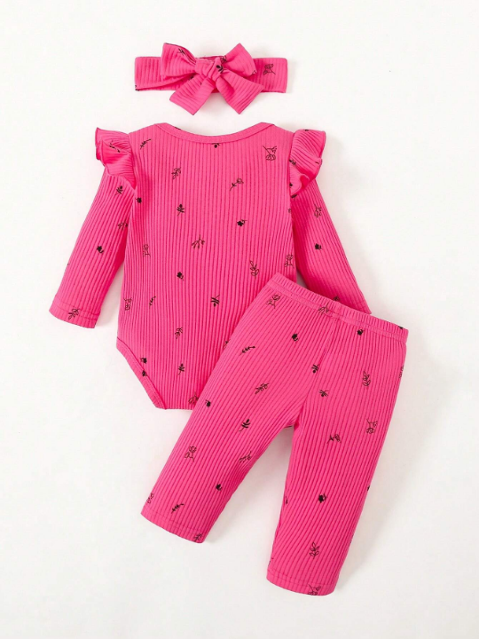 Newborn Baby Girl Plants Print Ruffle Trim Bodysuit & Pants