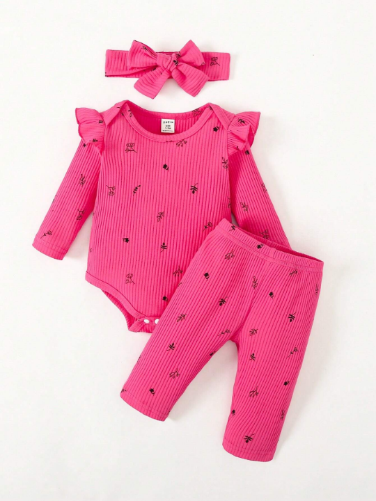 Newborn Baby Girl Plants Print Ruffle Trim Bodysuit & Pants