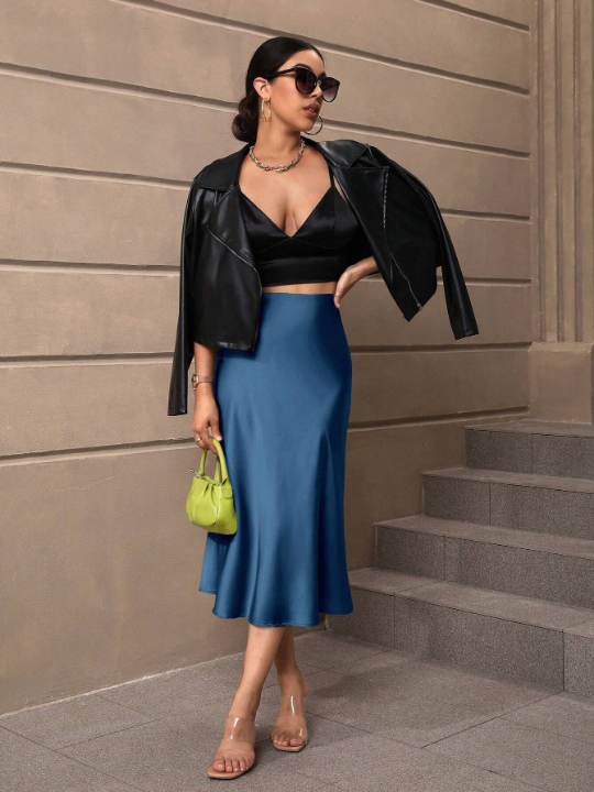 LUNE High Waist Solid Satin Skirt