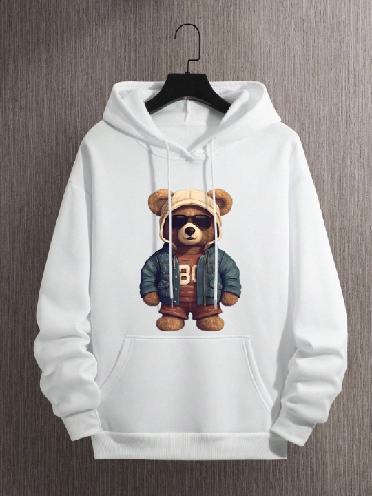 Men Bear Print Kangaroo Pocket Drawstring Thermal Hoodie