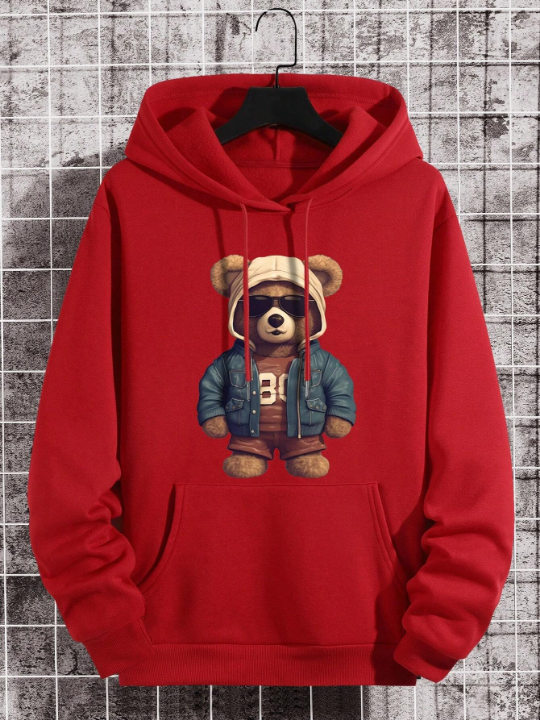 Men Bear Print Kangaroo Pocket Drawstring Thermal Hoodie