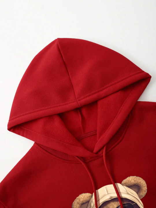 Men Bear Print Kangaroo Pocket Drawstring Thermal Hoodie