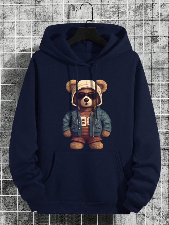 Men Bear Print Kangaroo Pocket Drawstring Thermal Hoodie