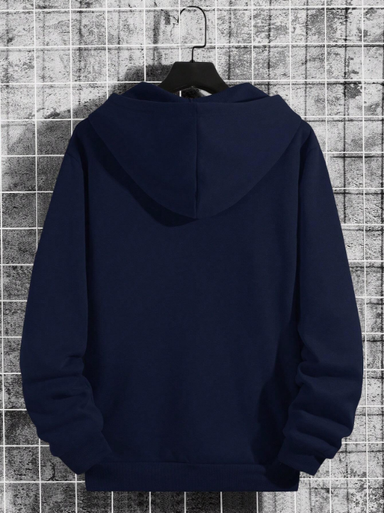 Men Bear Print Kangaroo Pocket Drawstring Thermal Hoodie