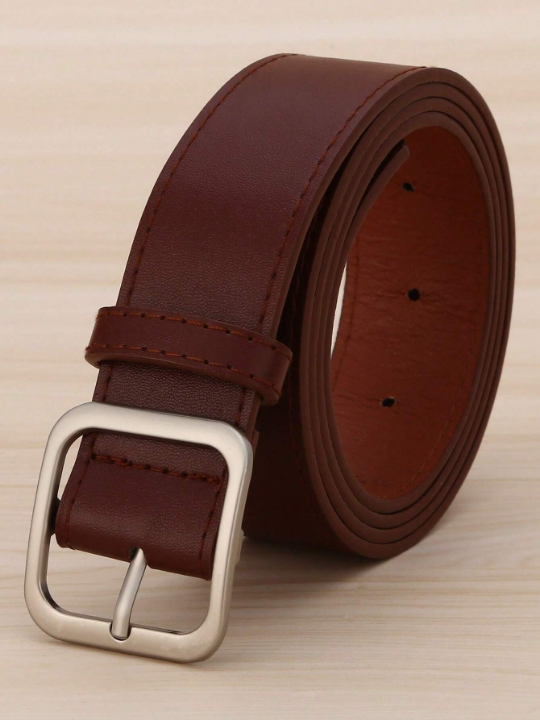 1pc Men's Coffee Colored Square Buckle Pu Fashion Belt