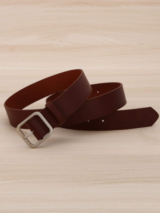 1pc Men's Coffee Colored Square Buckle Pu Fashion Belt