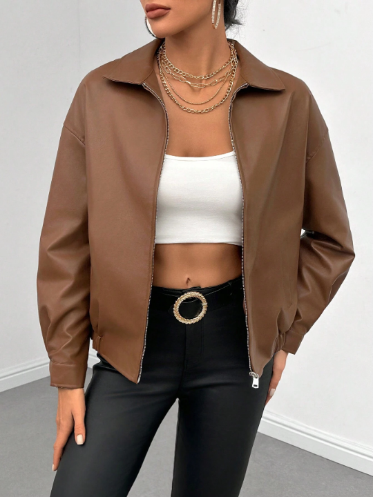 EZwear Drop Shoulder Zip Up PU Leather Jacket