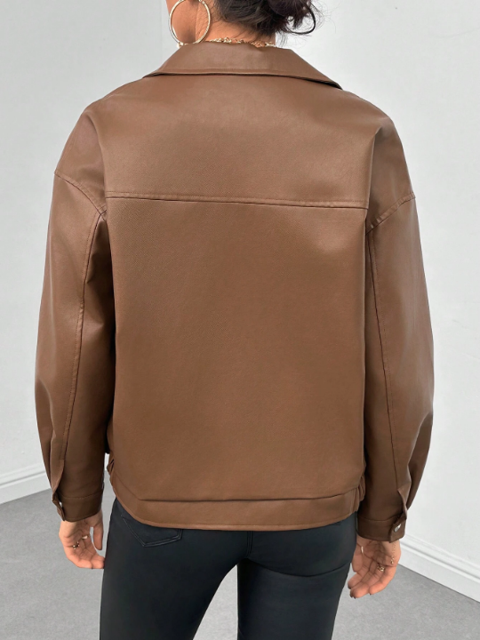 EZwear Drop Shoulder Zip Up PU Leather Jacket