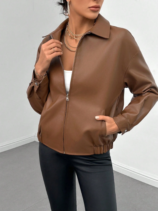 EZwear Drop Shoulder Zip Up PU Leather Jacket