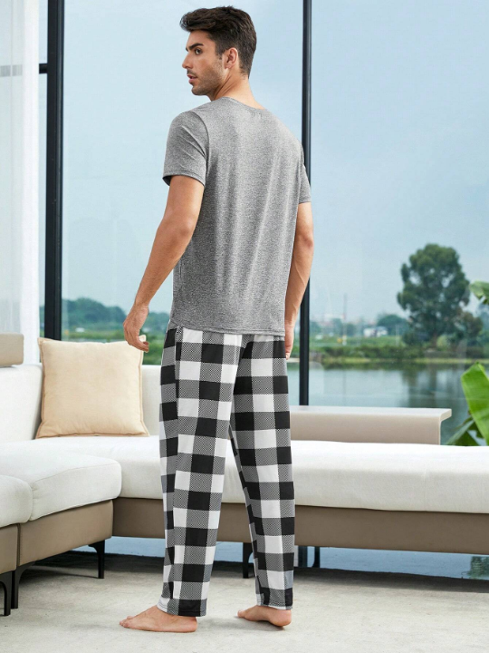 Men 1pc Buffalo Plaid Print Sleep Tee & 1pc Sleep Pants