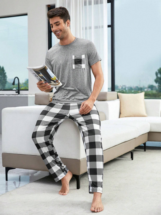 Men 1pc Buffalo Plaid Print Sleep Tee & 1pc Sleep Pants